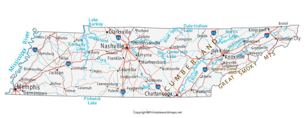 Labeled Map of Tennessee with Capital & Cities 4 Labeled Map of Tennessee with Cities