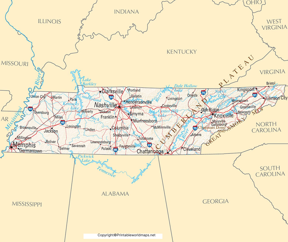 Labeled Map of Tennessee with Capital & Cities 2 Labeled Map of Tennessee