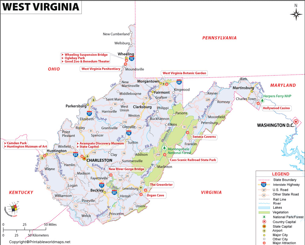 Labeled Map of West Virginia with Capital & Cities 3 Labeled Map of West Virginia with State
