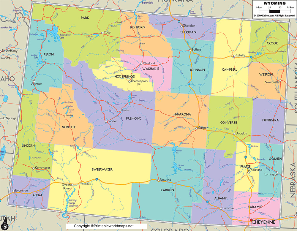 Labeled Map of Wyoming with Capital & Cities 2 Labeled Map of Wyoming