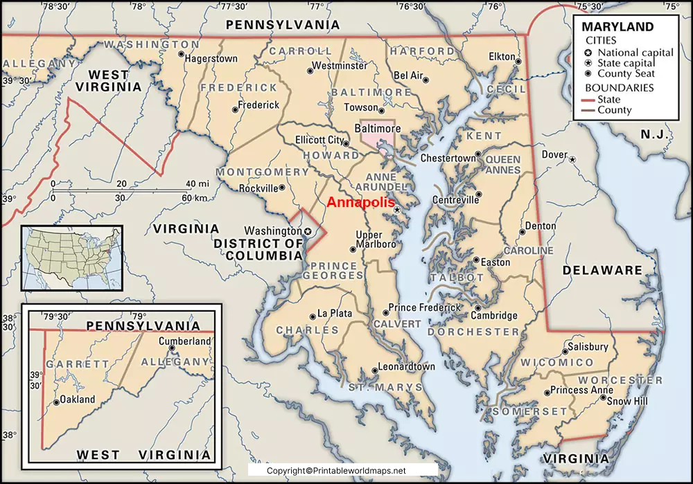 Labeled Map of Maryland with States, Capital & Cities 5 Labeled Maryland Map with Capital