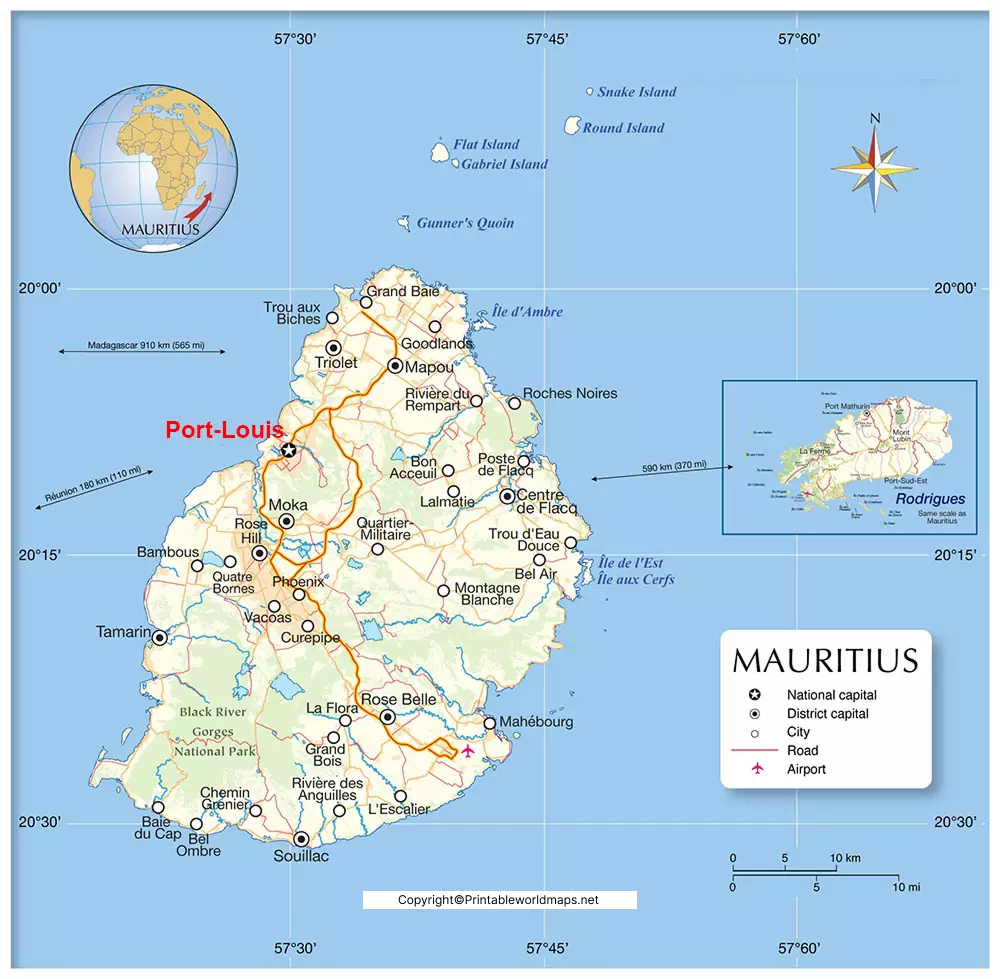 Labeled Map of Mauritius with States, Capital & Cities 5 Labeled Mauritius Map with Capital