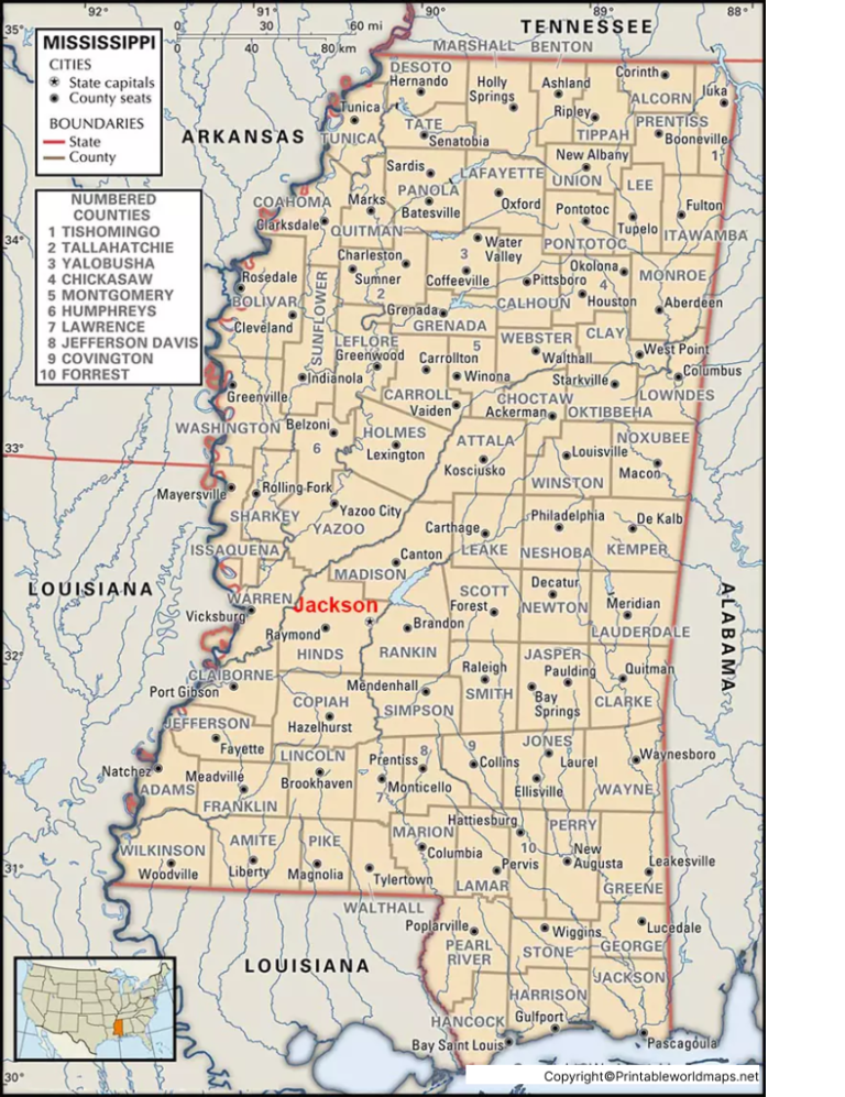Labeled Mississippi Map with Capital