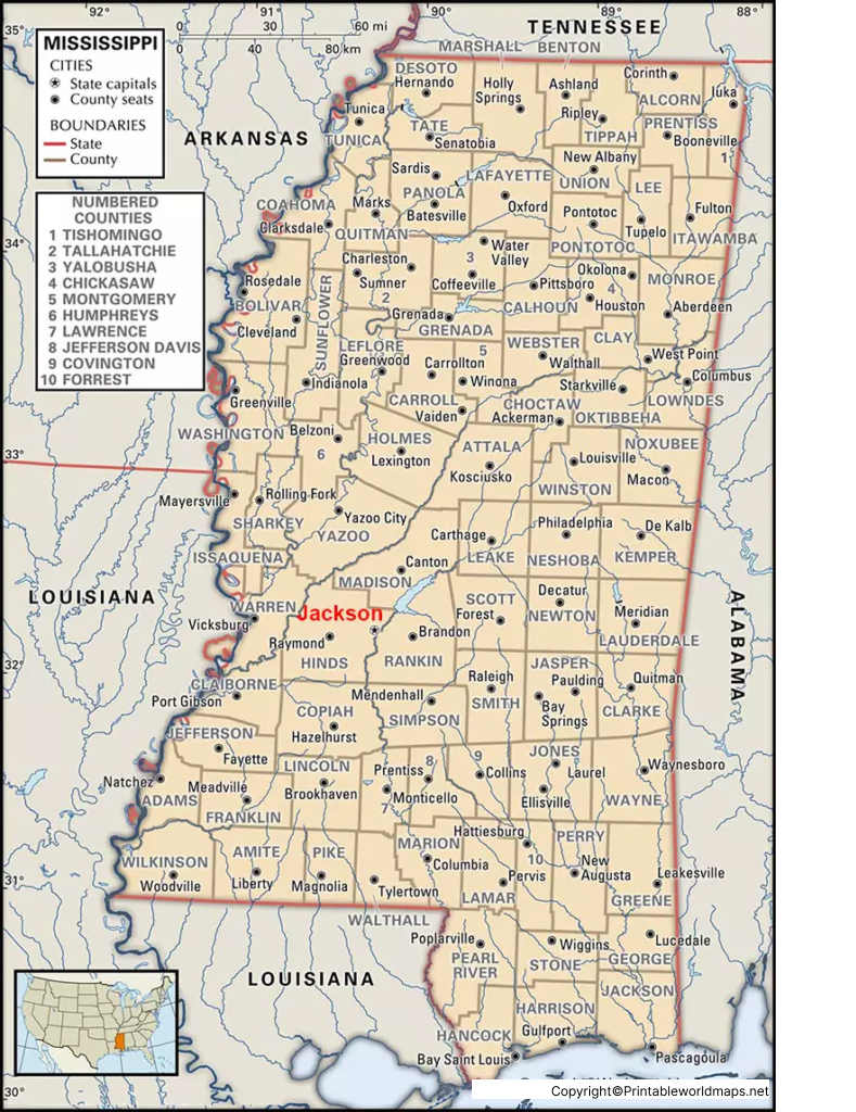 Labeled Map of Mississippi with Capital & Cities 5 Labeled Mississippi Map with Capital