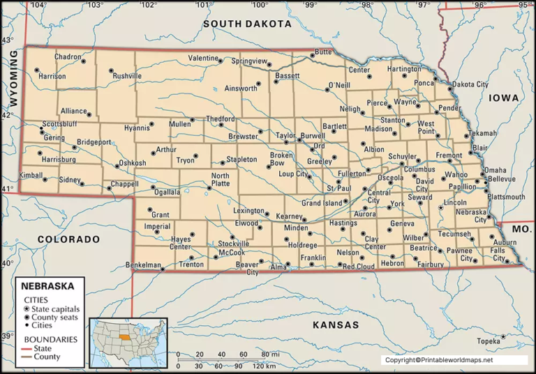 Labeled Nebraska Map with Capital