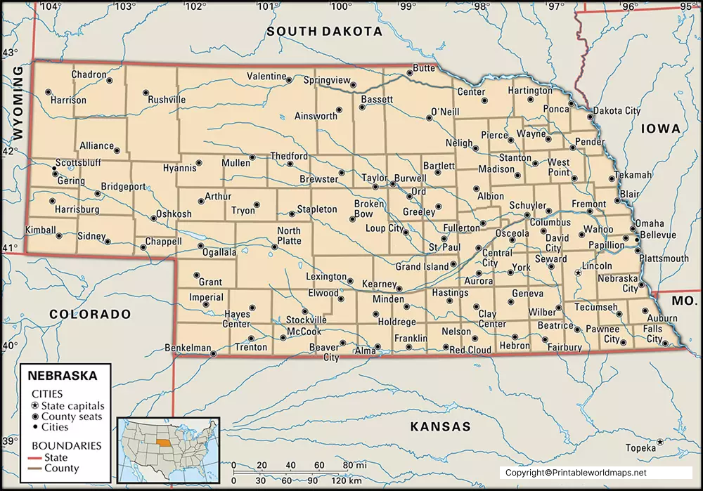 Labeled Map of Nebraska with Capital & Cities 5 Labeled Nebraska Map with Capital
