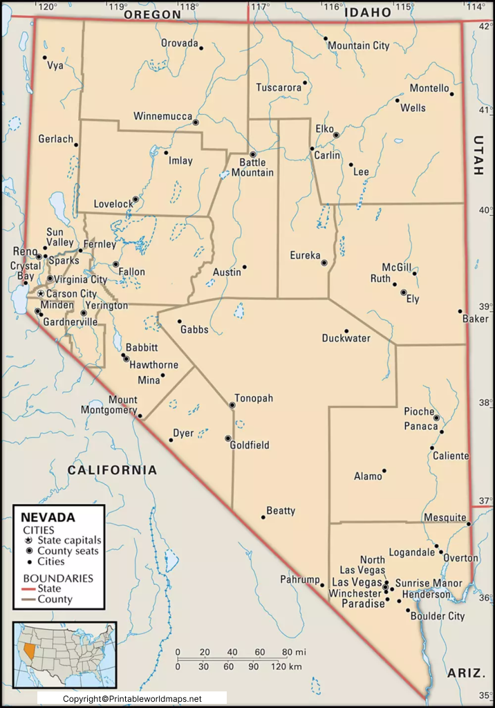 Labeled Map of Nevada with Capital & Cities 5 Labeled Nevada Map with Capital