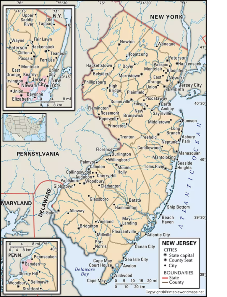 Labeled New Jersey Map with Capital