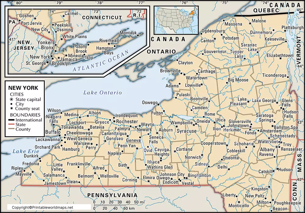 Labeled Map of New York with Capital & Cities 5 Labeled New York Map with Capital