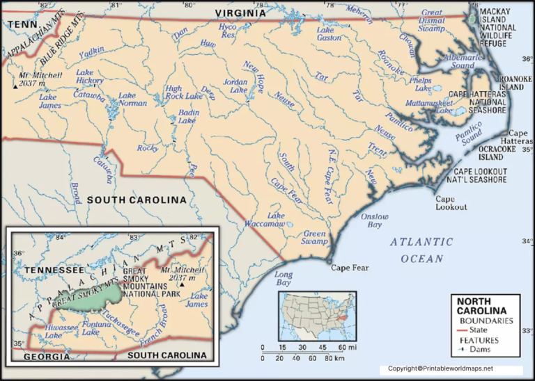 Labeled North Carolina Map with Capital