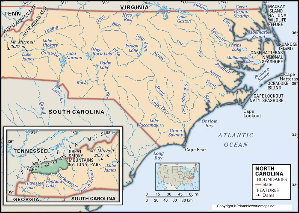 Labeled Map of North Carolina with Capital & Cities 5 Labeled North Carolina Map with Capital