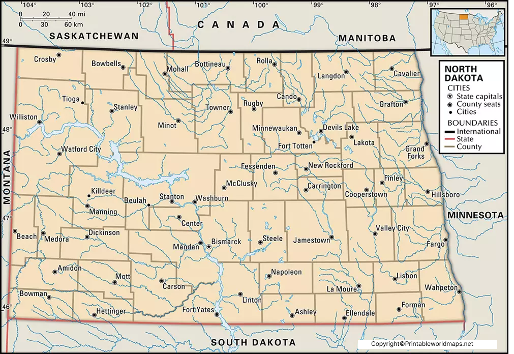 Labeled Map of North Dakota with Capital & Cities 5 Labeled North Dakota Map with Capital