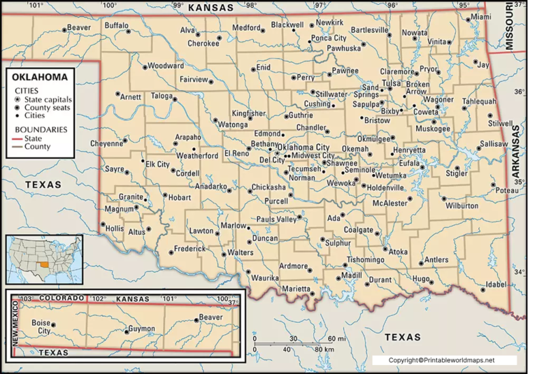 Labeled Oklahoma Map with Capital