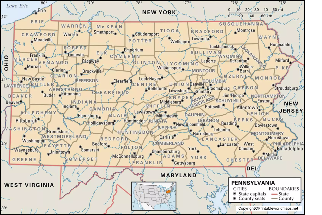 Labeled Pennsylvania Map with Capital
