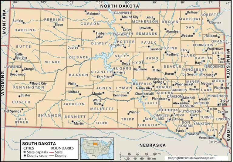 Labeled South Dakota Map with Capital