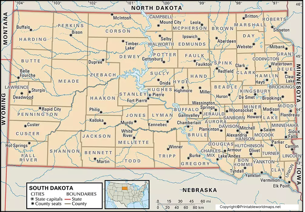 Labeled Map of South Dakota with Capital & Cities 5 Labeled South Dakota Map with Capital