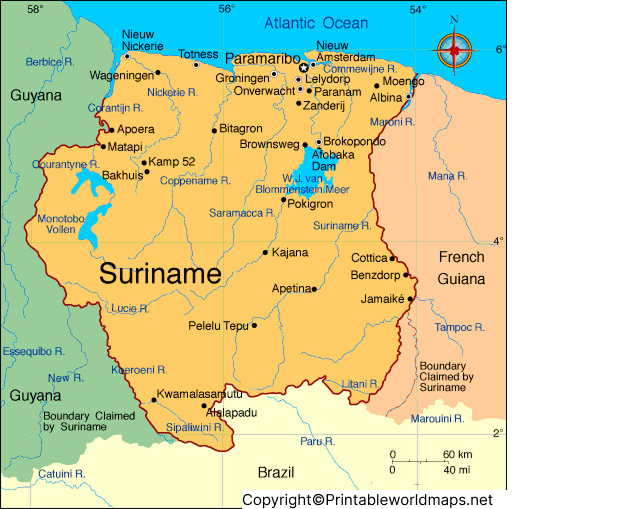 Labeled Map of Suriname with States, Cities & Capital 3 Labeled Suriname Map with States