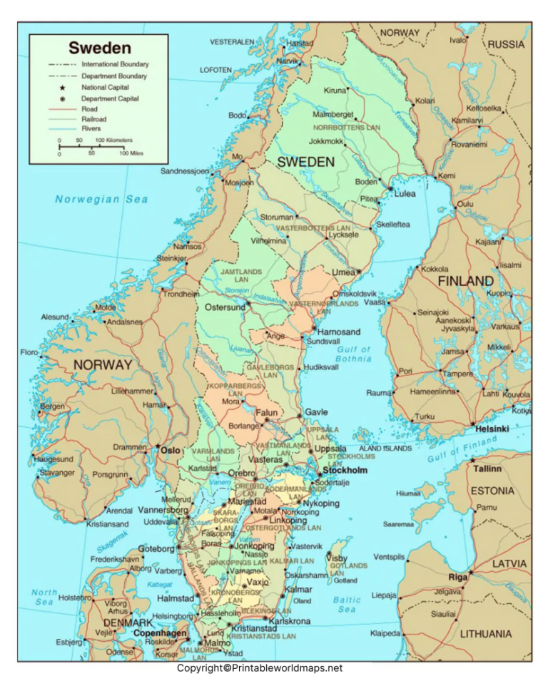 Labeled Sweden Map with Capitals