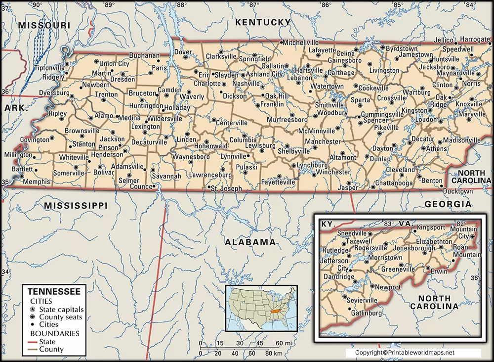 Labeled Map of Tennessee with Capital & Cities 5 Labeled Tennessee Map with Capital