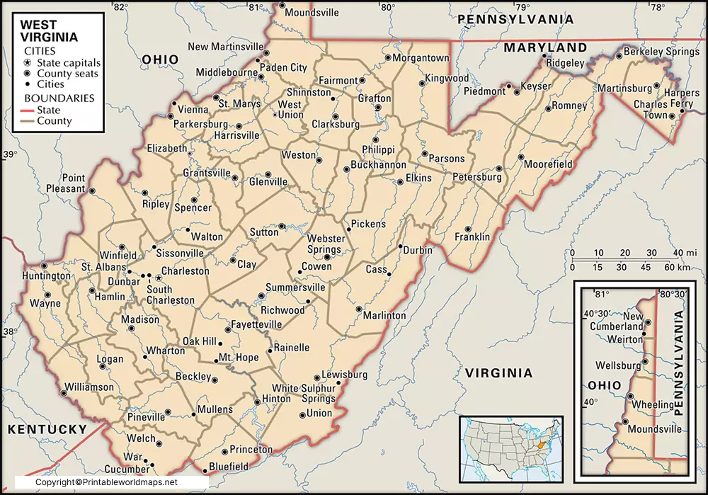 Labeled Map of West Virginia with Capital & Cities 5 Labeled West Virginia Map with Capital