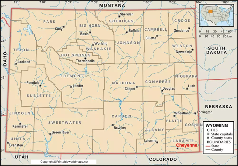 Labeled Wyoming Map with Capital