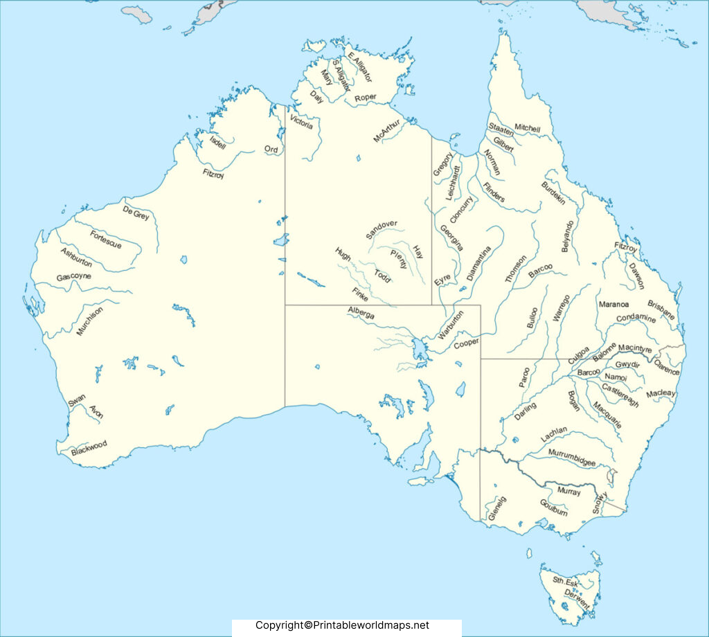 Printable Australia Rivers Map | Map of Australia Rivers 5 Map of Australia Rivers Labeled
