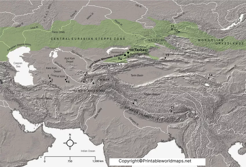 Printable Asia Mountains Map Labeled