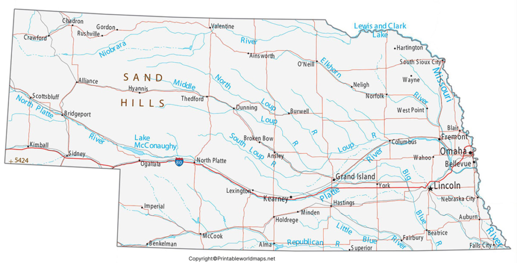 Labeled Map of Nebraska with Capital & Cities 3 Printable Map of Nebraska Labeled