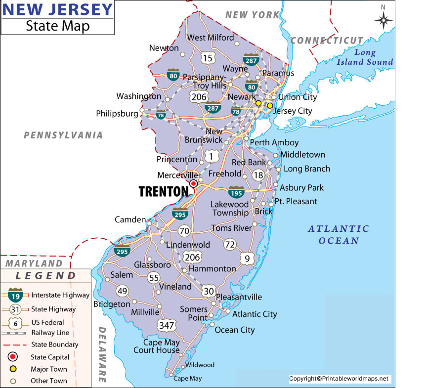 Labeled Map of New Jersey with Capital & Cities 3 Printable Map of New Jersey labeled