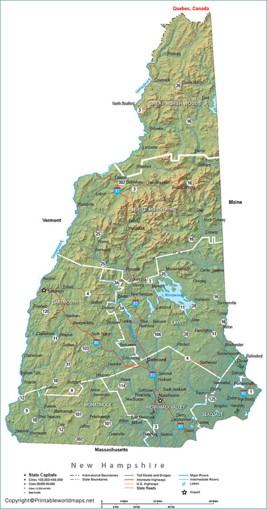 Labeled Map of New Hampshire with Capital & Cities 3 Printable Map of New hampshire Labeled