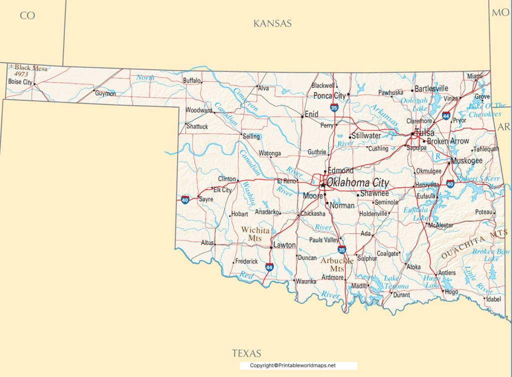 Labeled Map of Oklahoma with Capital & Cities 3 Printable Map of Oklahoma Labeled