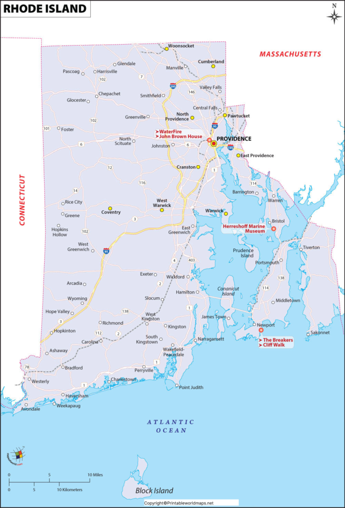 Labeled Map of Rhode Island with Capital & Cities 3 Printable Map of Rhode Island