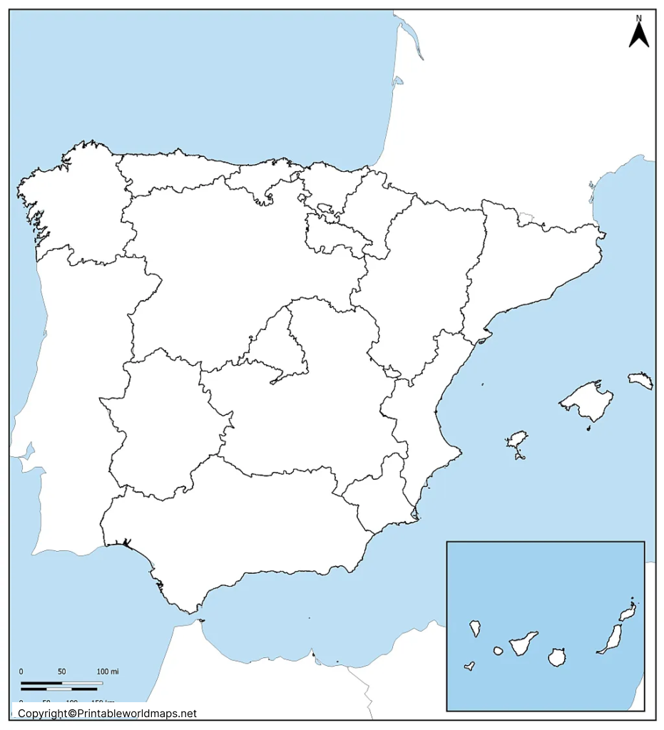 Spain Map Outline with Neighboring Countries