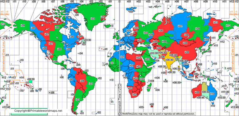 Standard time zones of the world map