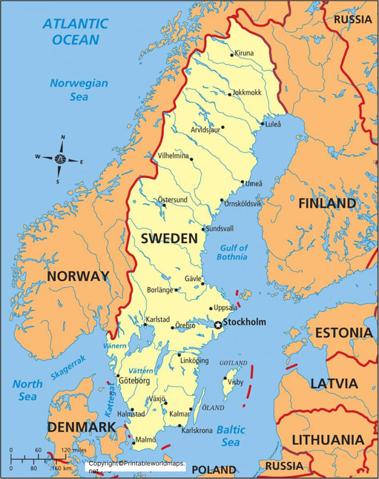 Labeled Map of Sweden with States, Cities & Capital - Printable World Maps