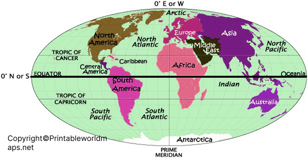 World Map with Hemispheres and Continents