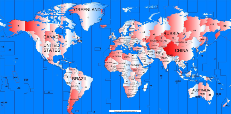 Download Free Printable World Time Zone Map in PDF