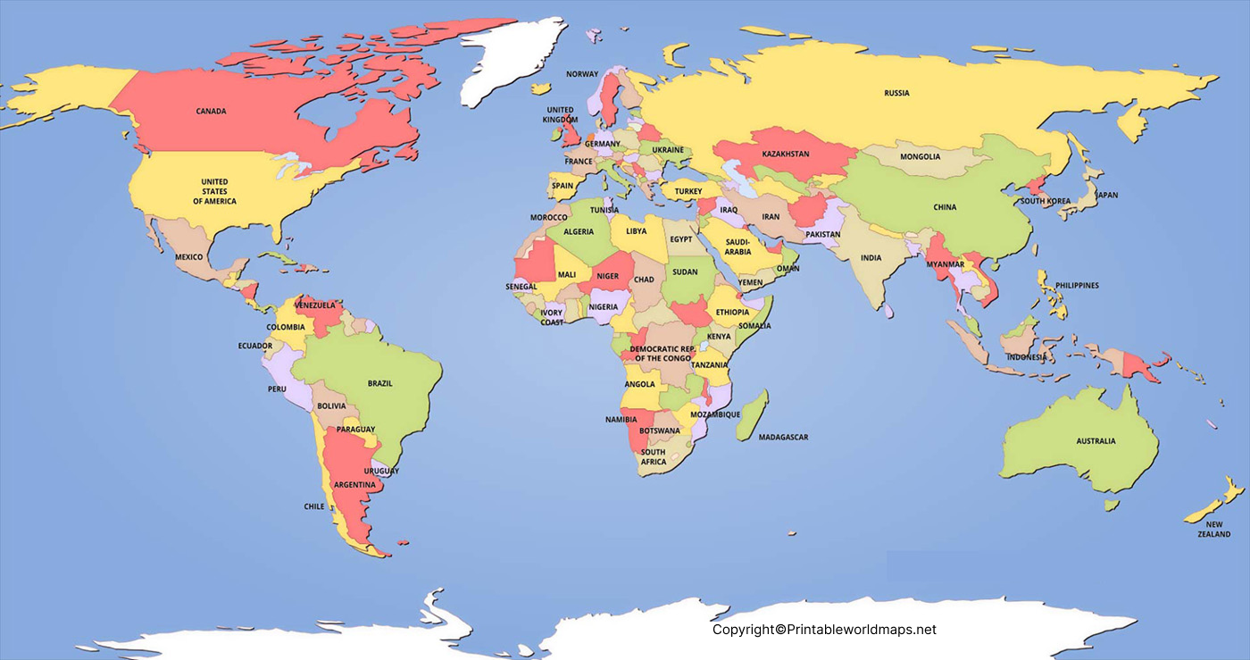 Labeled world map identifying countries and continents