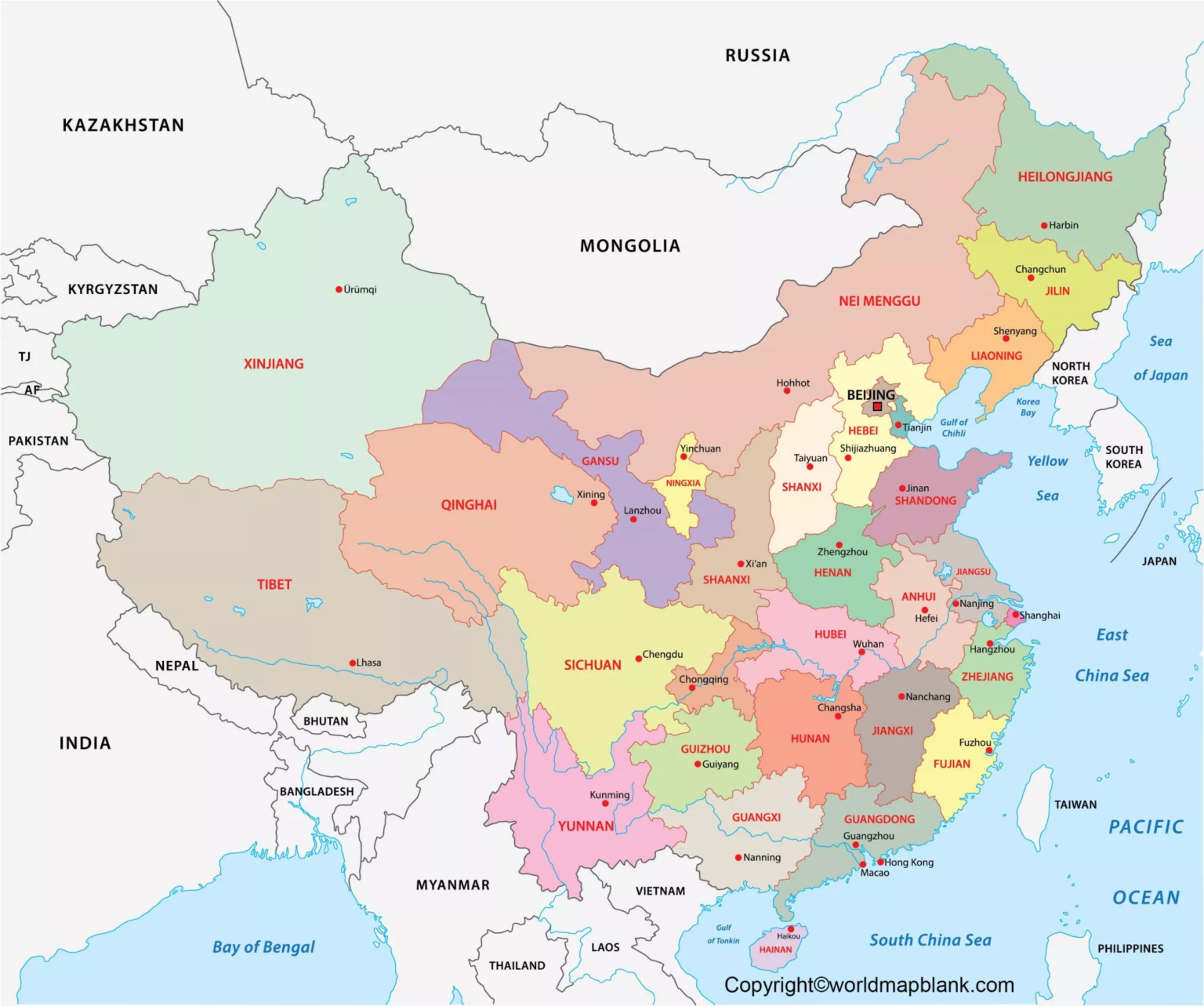 Printable Labeled Map of China with Provinces [PDF] Printable World Maps