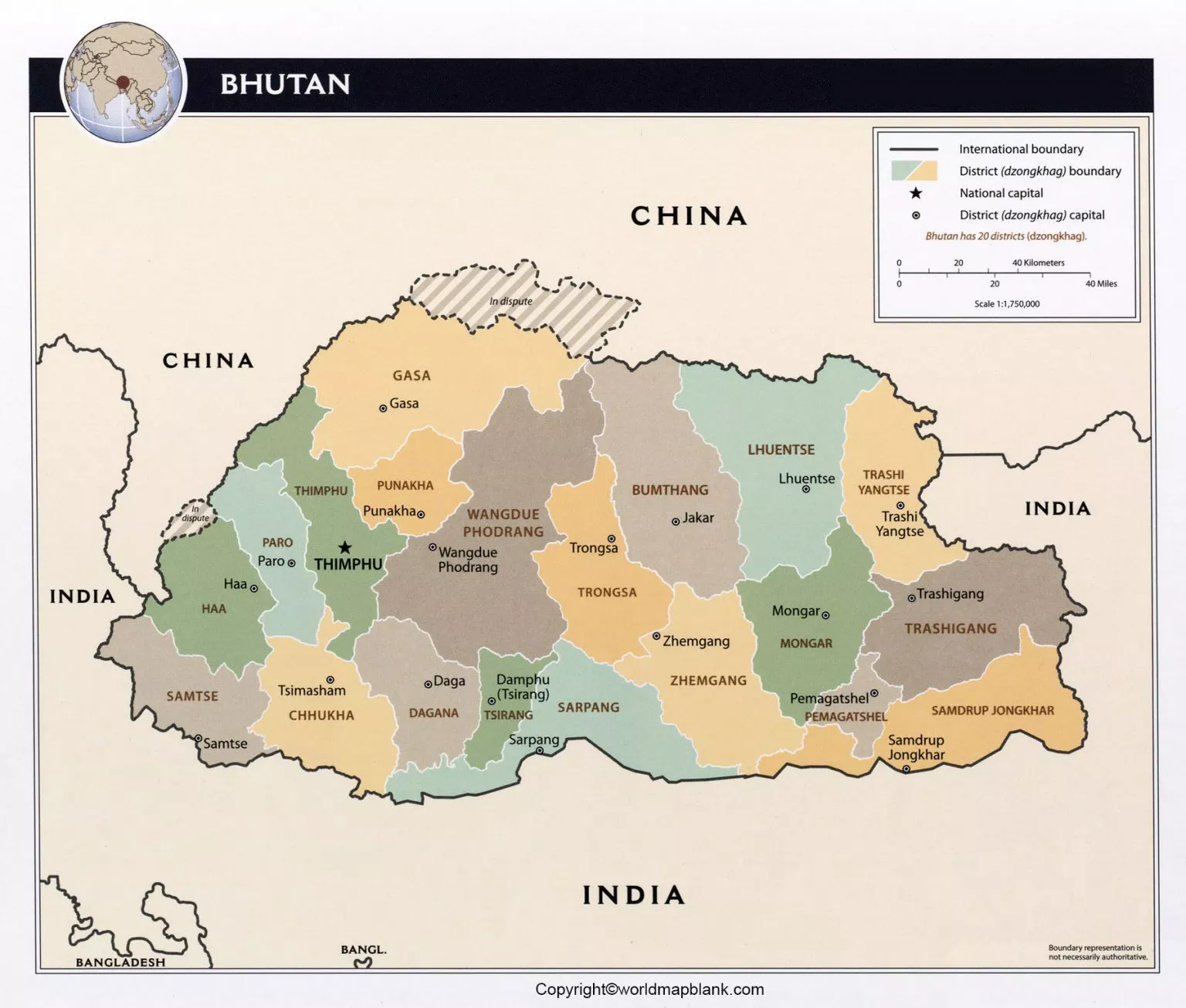 Labeled Map of Bhutan with States, Capital & Cities ...