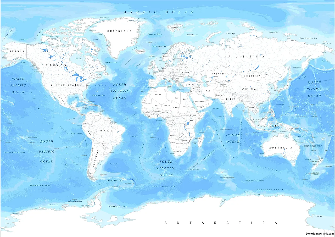 World Map with Seas – Oceans Map of the World [PDF] - Printable World Maps