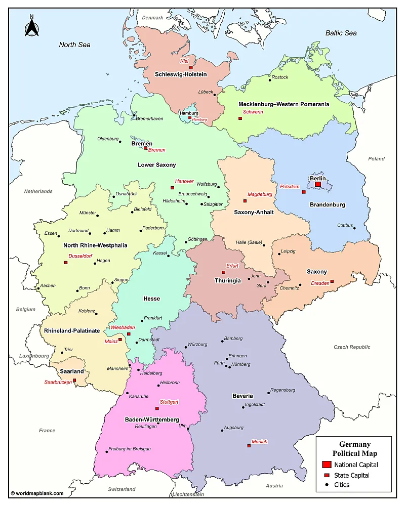 Political Germany Map – Map of Germany with Cities [PDF] - Printable ...