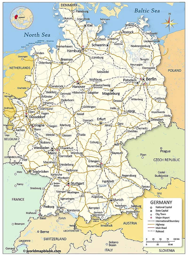 Political Germany Map – Map of Germany with Cities [PDF] - Printable ...