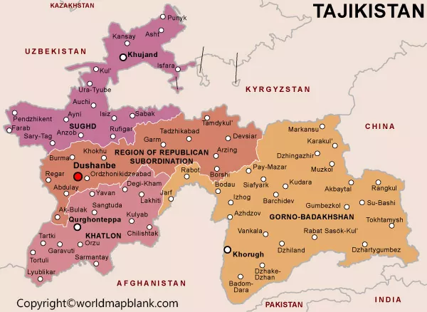 Labeled Map Of Tajikistan With States Cities And Capital Printable World Maps 5359